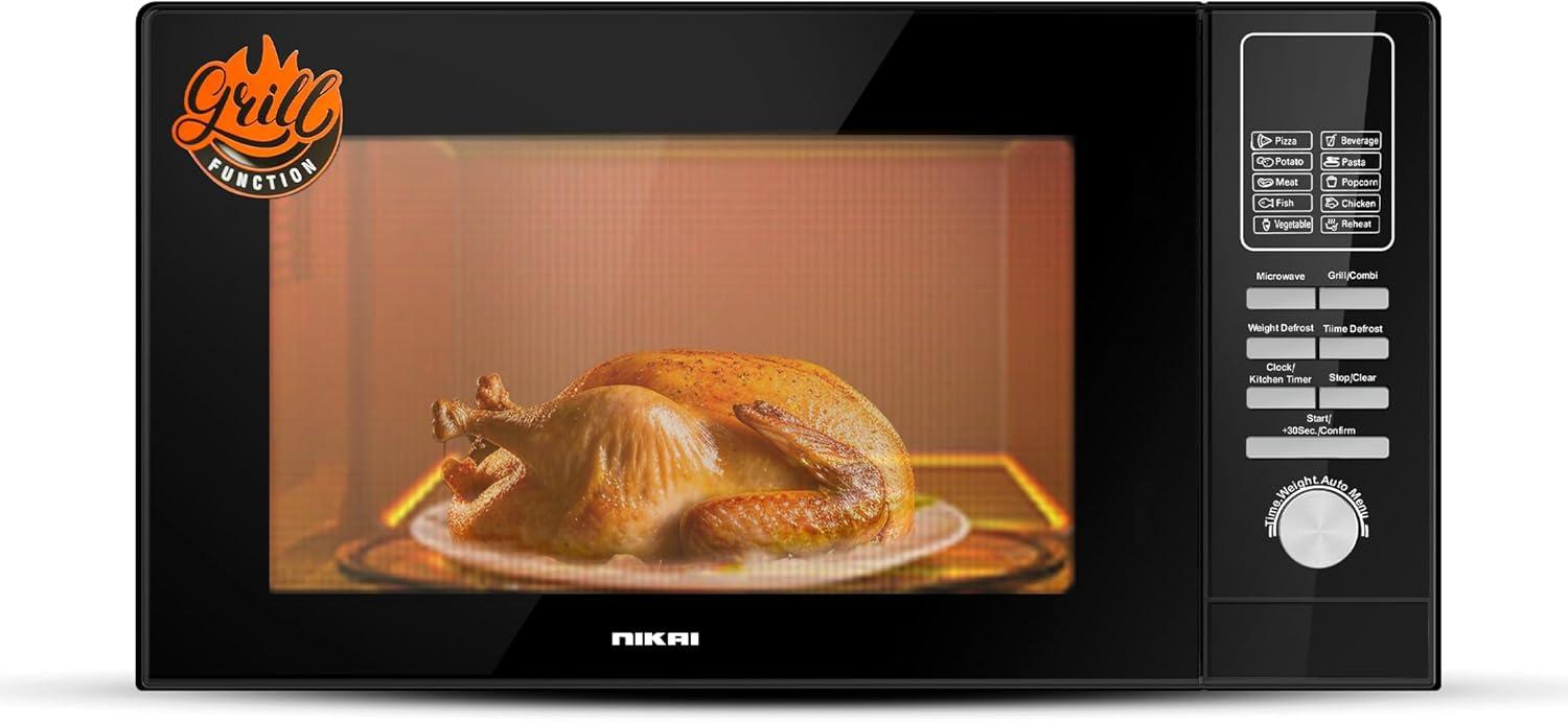 Nikai 25 Litre 900Watts Electric Microwave Oven with 10 Auto-Menus, Defrost Setting and Grill, NMO250MDG