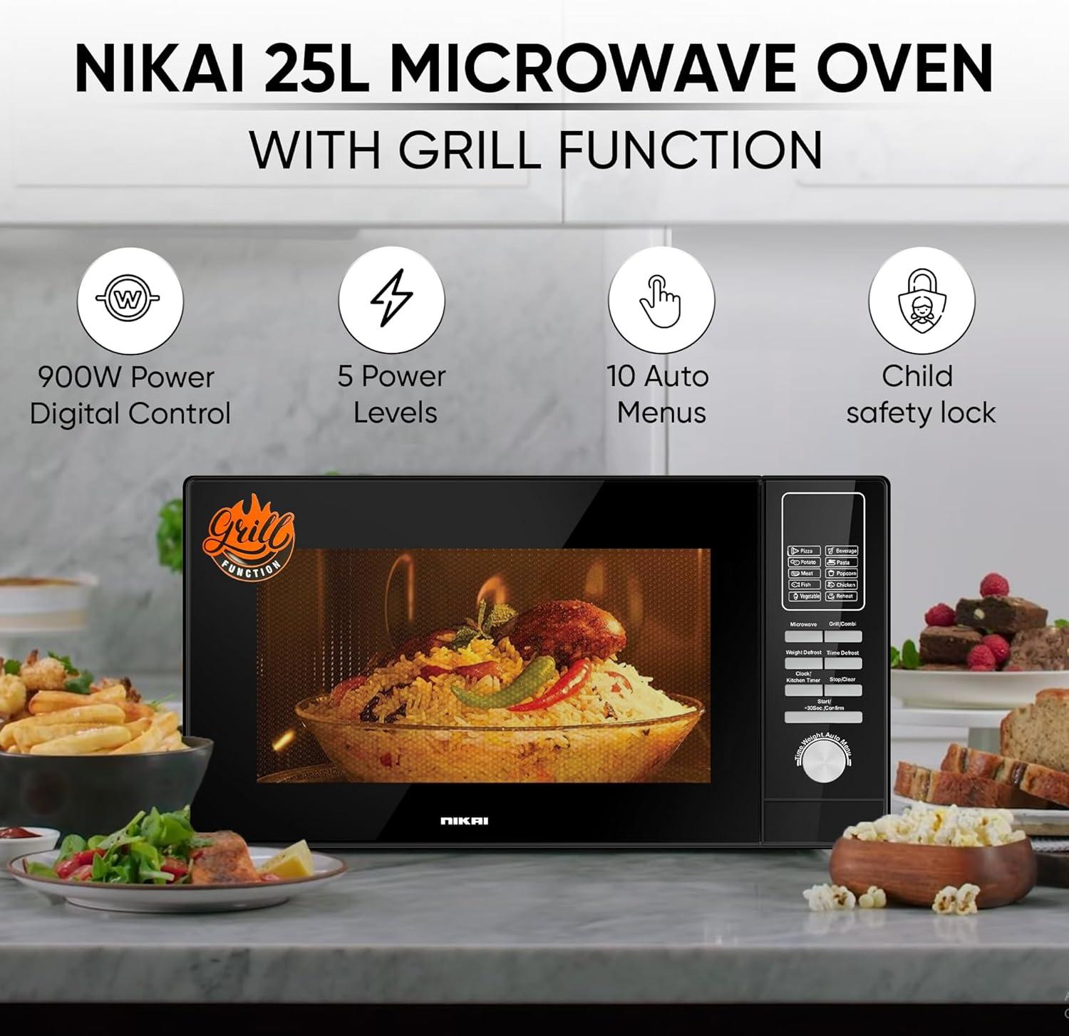 Nikai 25 Litre 900Watts Electric Microwave Oven with 10 Auto-Menus, Defrost Setting and Grill, NMO250MDG thumbnail 2