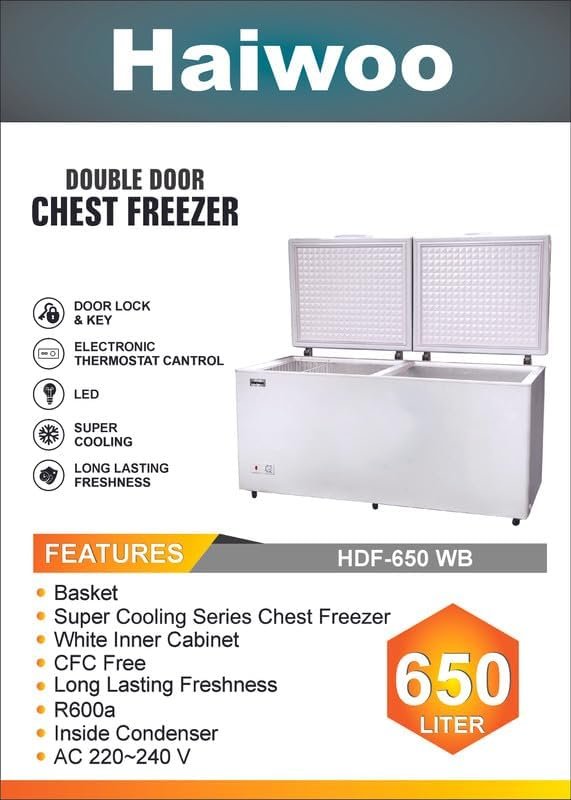 Haiwoo 650L HDF-650 WB Double Door Two Storage Basket Chest Freezer, Cfc Free, Voltage Ac 220-240V D75.5*W160.5*H90 Cm White thumbnail 4