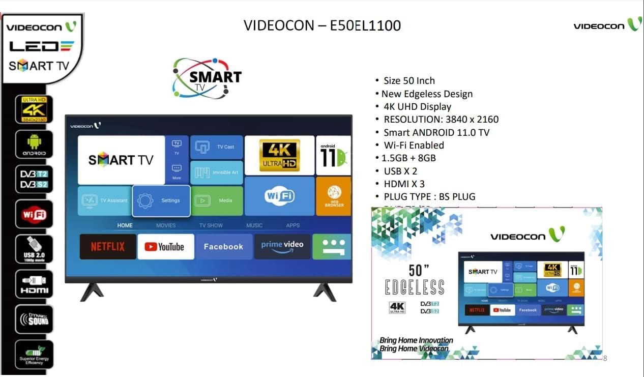 Videocon 50 Inch Smart TV 4K UHD Android 11 Google Play, Netflix, YouTube, Shahid, Built in Bluetooth & WiFi Black - E50ELGT1100 thumbnail 2