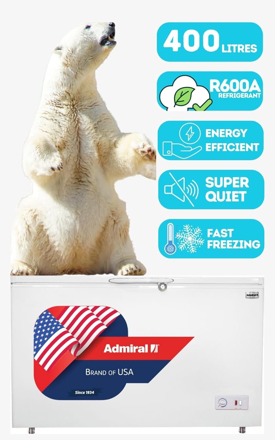 Admiral 400L Chest Freezer with White Interior, Gross capacity of 400L, Net capacity308L, Outside Condenser, Tropical Type with Lock and Key & Lamp, White - ADCF400WE thumbnail 2
