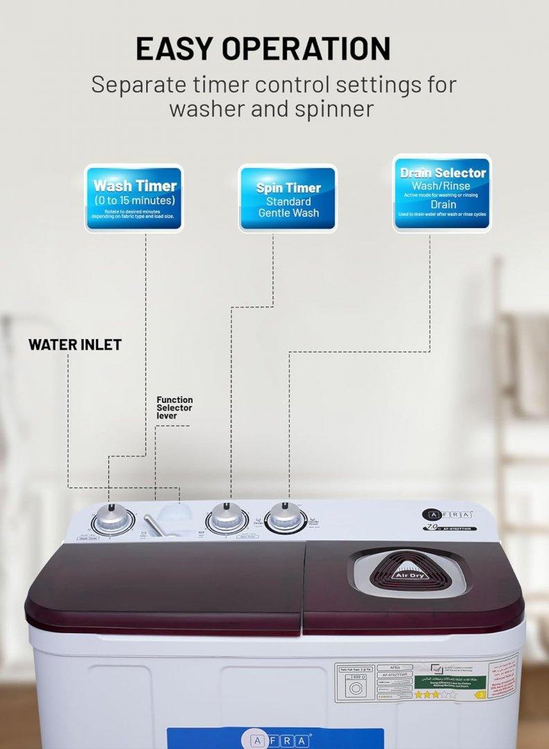 AFRA AF-0702TTWR Twin Tub Washing Machine, Air - Dry Function Collars Washboard, 7kg, White and Red thumbnail 2