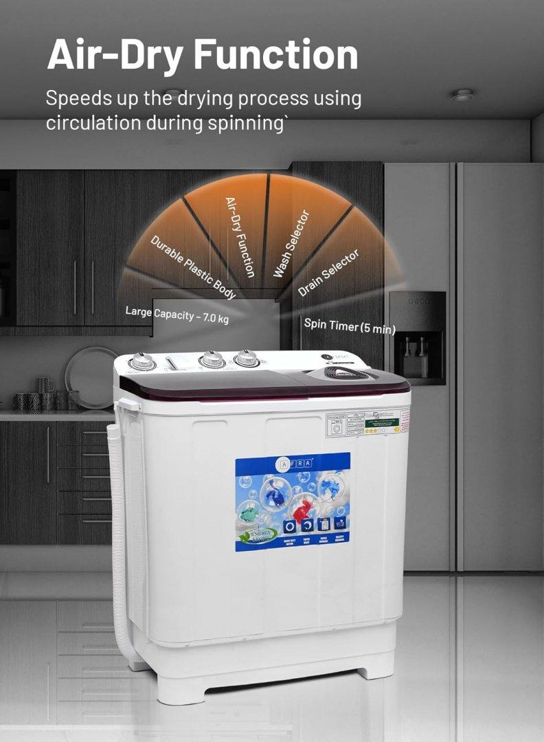 AFRA AF-0702TTWR Twin Tub Washing Machine, Air - Dry Function Collars Washboard, 7kg, White and Red thumbnail 3