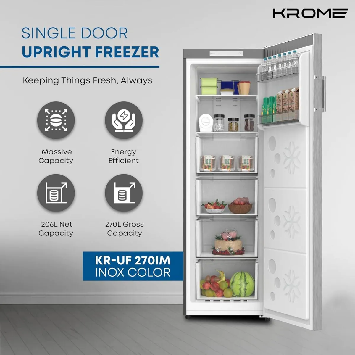 Krome Single Door Upright Freezer, Massive Capacity, Energy-Efficient Cooling, Electronic Touch Temperature Control Sleek Inox Finish, 4 Drawers, 2 Bottle Racks & 5 Shelves, Door Alarm- KR-UF 270IM thumbnail 2