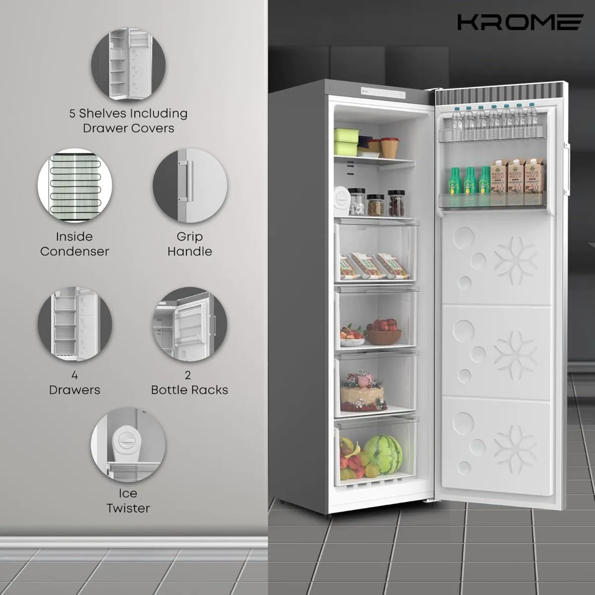 Krome Single Door Upright Freezer, Massive Capacity, Energy-Efficient Cooling, Electronic Touch Temperature Control Sleek Inox Finish, 4 Drawers, 2 Bottle Racks & 5 Shelves, Door Alarm- KR-UF 270IM thumbnail 4