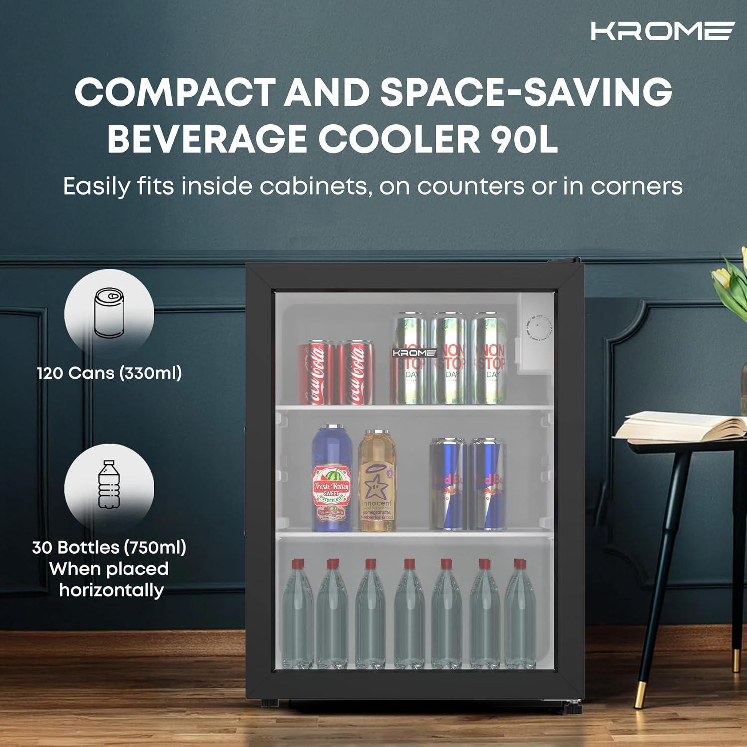 Krome Beverage Cooler, 90 L, Compact Design, Free Standing, Single Door, 2 Glass Shelves, Adjustable Feet, Mechanical Temperature Control, Environment-Friendly R600a, Black - ‎KR-BC 90DM thumbnail 2