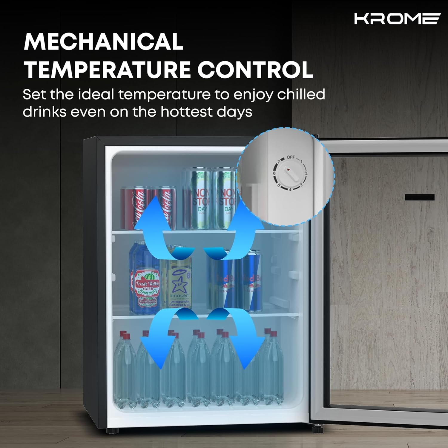 Krome Beverage Cooler, 90 L, Compact Design, Free Standing, Single Door, 2 Glass Shelves, Adjustable Feet, Mechanical Temperature Control, Environment-Friendly R600a, Black - ‎KR-BC 90DM thumbnail 3