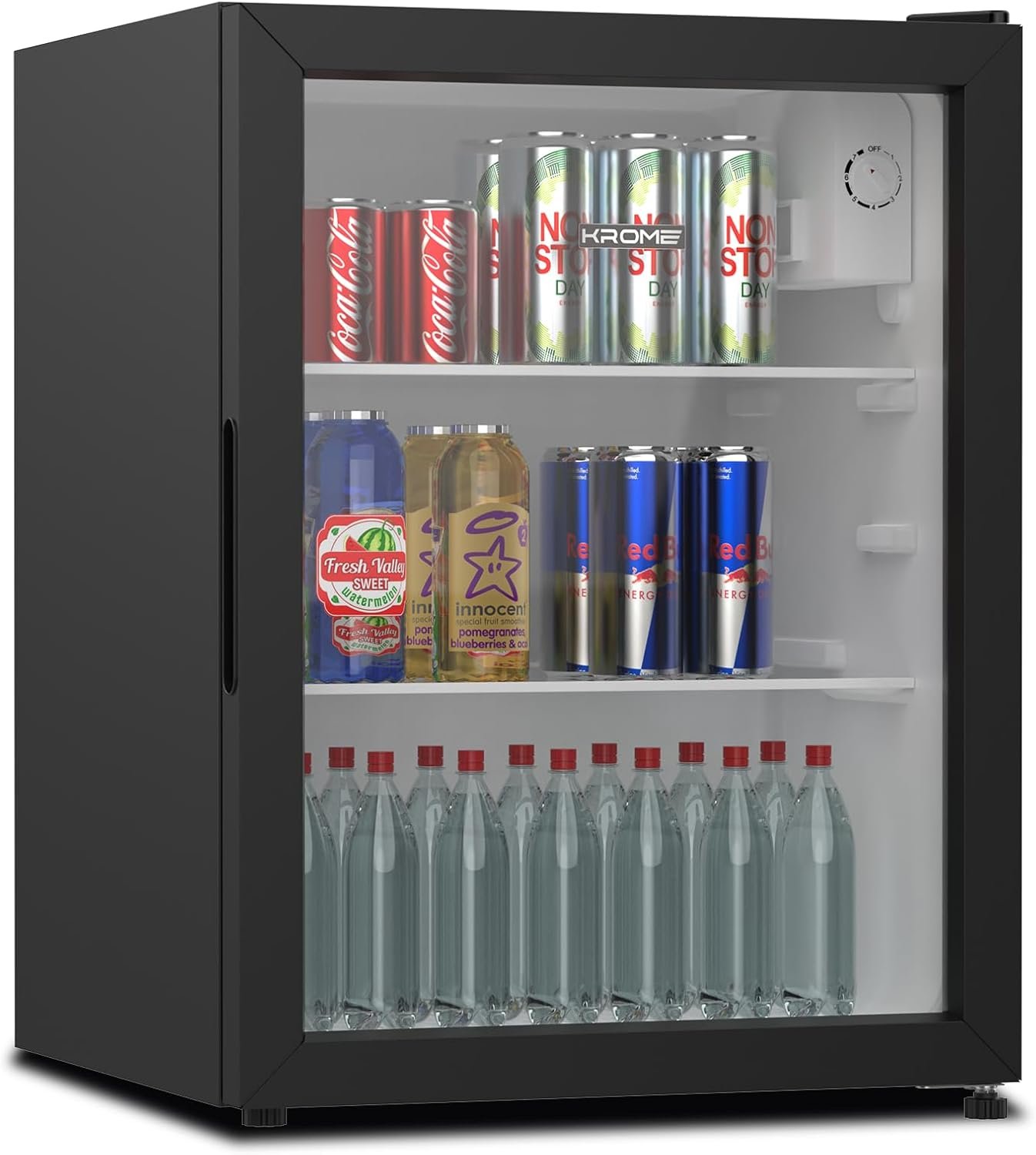Krome Beverage Cooler, 90 L, Compact Design, Free Standing, Single Door, 2 Glass Shelves, Adjustable Feet, Mechanical Temperature Control, Environment-Friendly R600a, Black - ‎KR-BC 90DM