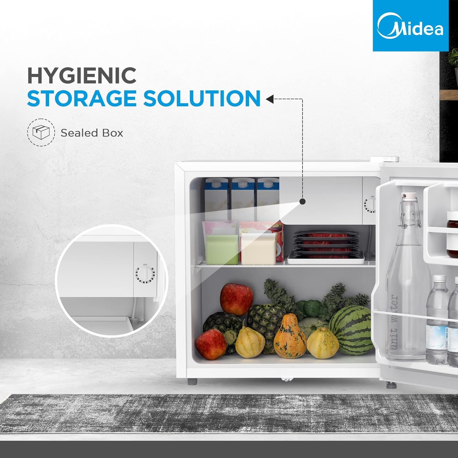 Midea 86L Free Standing Single Door Refrigerator with Reversible Door, 2l Bottle Rack, Smart Design with Recessed Handle with Lock, Best Compact Small Fridge For Mini Bar, Room Or Office, MDRD86FGE01 thumbnail 3