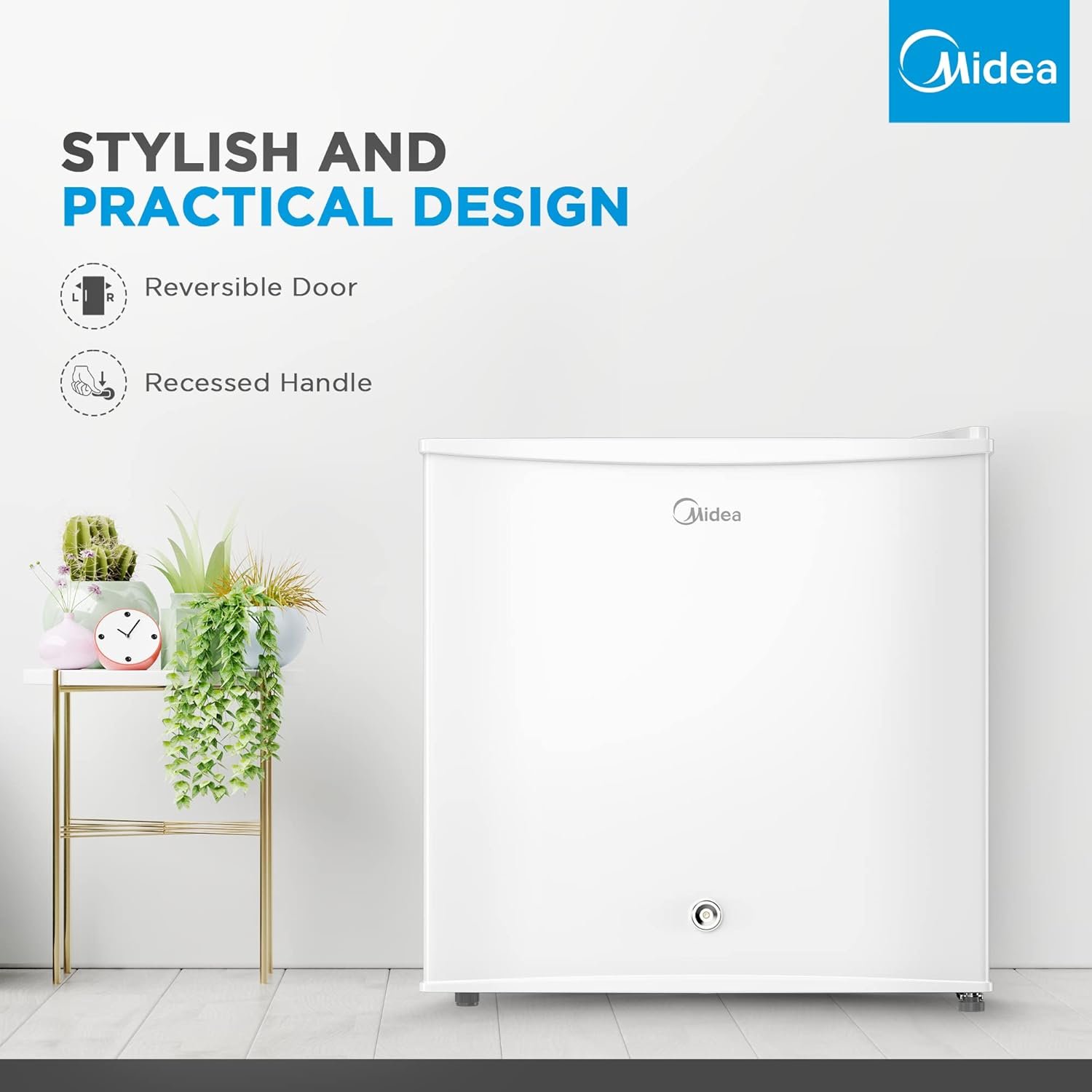 Midea 86L Free Standing Single Door Refrigerator with Reversible Door, 2l Bottle Rack, Smart Design with Recessed Handle with Lock, Best Compact Small Fridge For Mini Bar, Room Or Office, MDRD86FGE01 thumbnail 4