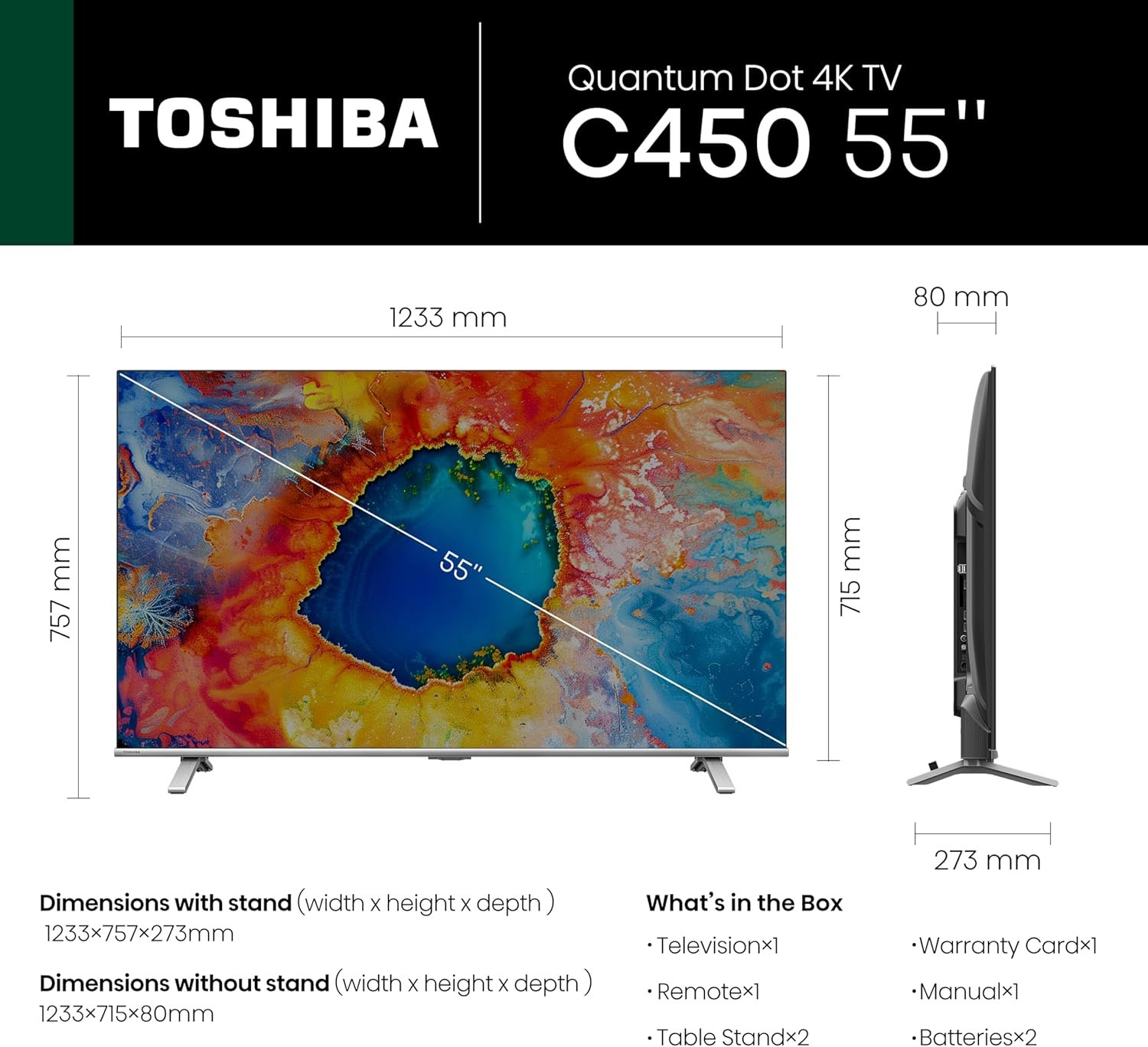 Toshiba 55 inch Native 60Hz VRR QLED Smart TV-Quantom Dot Colour, AI 4K Upscaling, Anti-tip Clip, REGZA Power Audio, Game Mode, Sports Mode, Ultimate Motion, Dolby Vision Atmos - 55C450MW thumbnail 2
