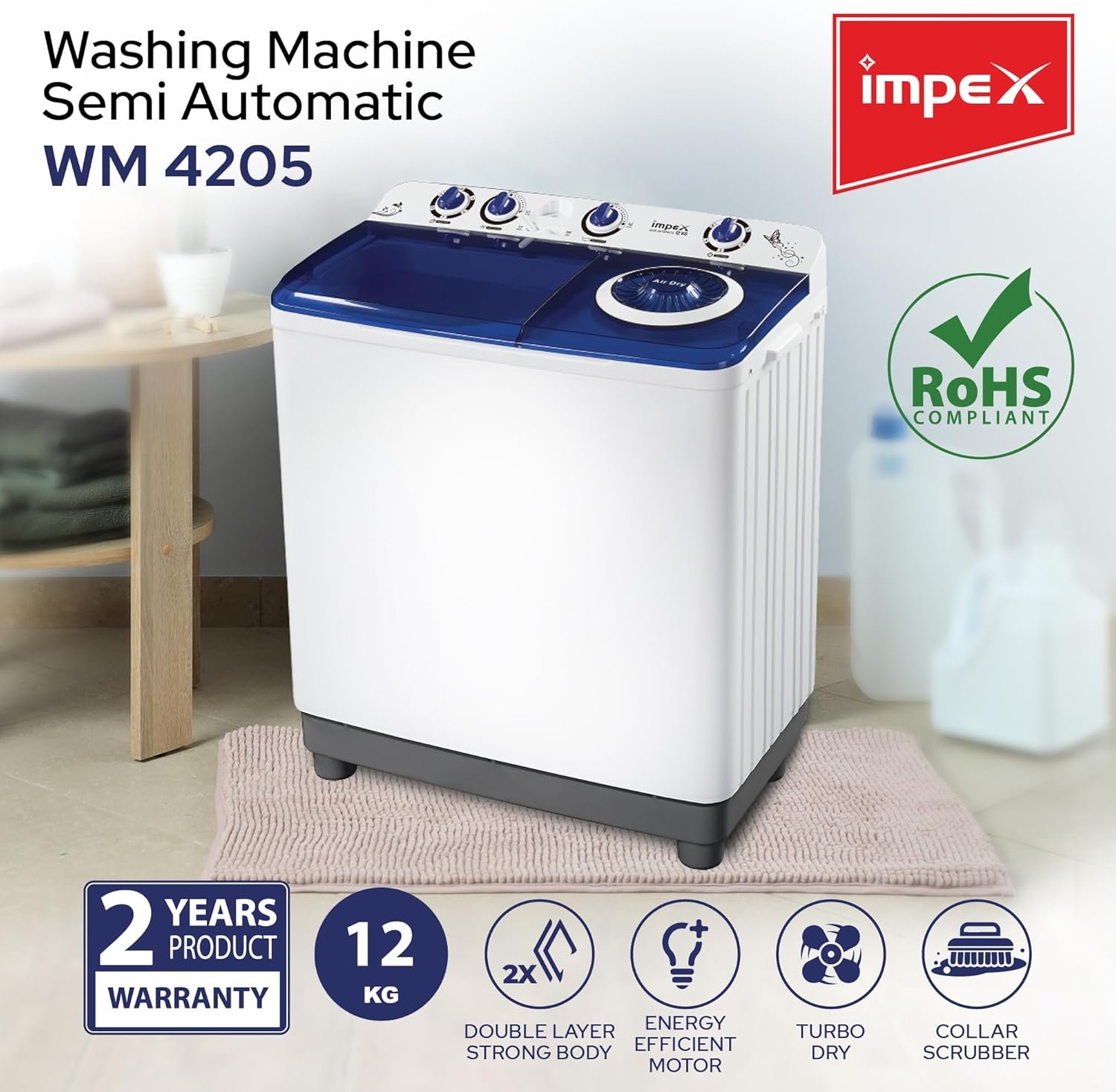 IMPEX TWIN TUB WASHING MACHINE 12 KG - WM 4205 thumbnail 2