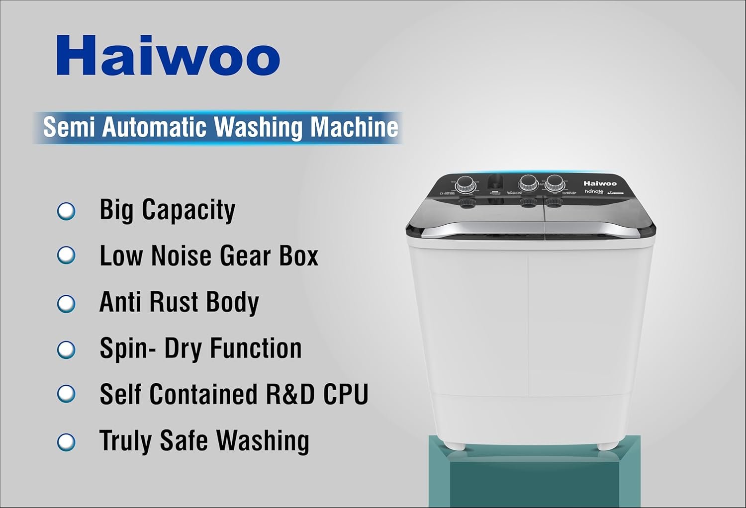 Haiwoo 14Kg Semi-Automatic Twin Tub Washing Machine with Quick Wash & Auto Balance Control, Silent Operation, Powerful Pulsator, Spin Easily with One Twist - HWM-1550X thumbnail 3