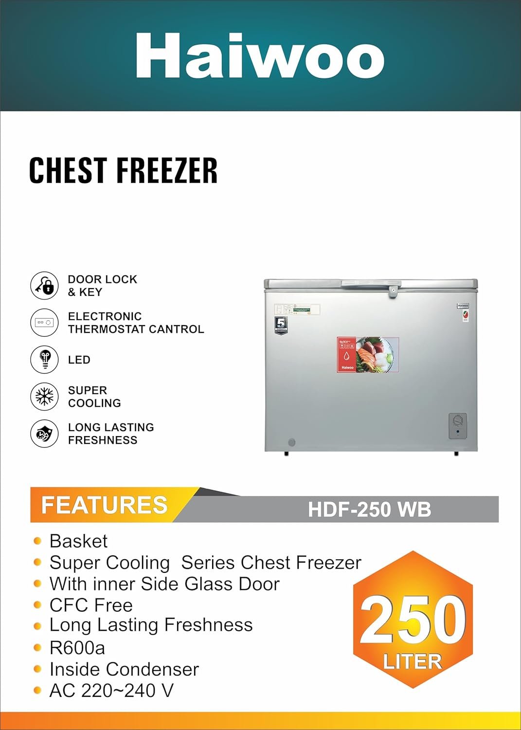 Haiwoo Chest Freezer 250 Litre - HDF-250 WB thumbnail 2