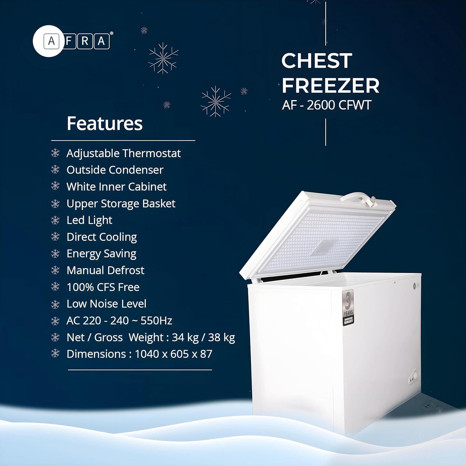 Afra 250Litre Chest Freezer White Inner Out Side Condenser With Lock - Af-2600cfwt thumbnail 2