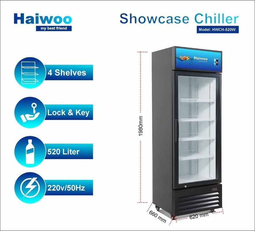 Haiwoo Showcase Chiller Single Glass Door 500L, Cooling GrossCapacity 400L, Net Capacity 380Litre - Hwch-500ECH - 1 Years Full & 5 Years Compressor Warranty 62x60x195Cm Body Color Black, Inside White thumbnail 4