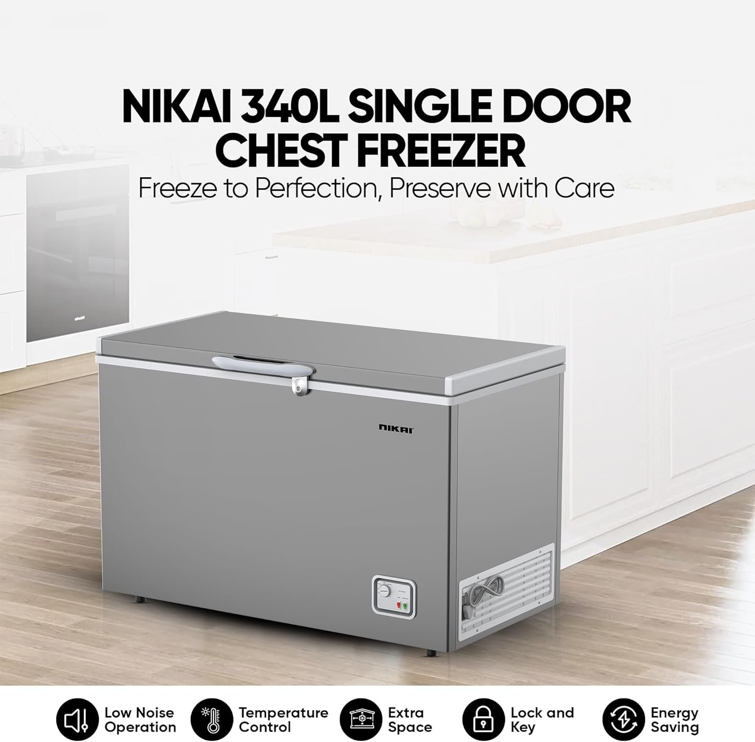 Nikai 340Litre Gross/300Litre Net, Single Door Chest Freezer with Storage Basket, High Energy Efficiency Cooling System, Adjustable Temperature, Silent Operation, For Home & Restaurants - NCF340N7S Silver thumbnail 2