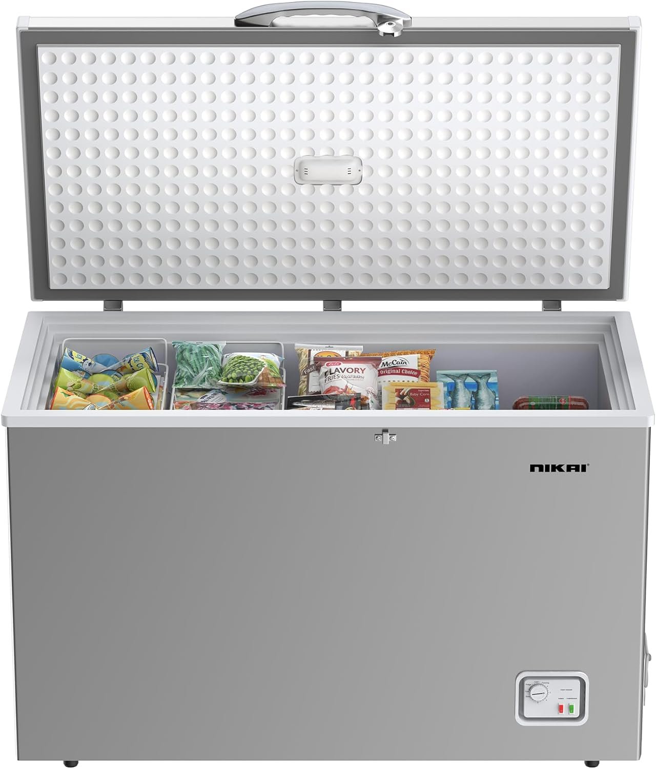 Nikai 340Litre Gross/300Litre Net, Single Door Chest Freezer with Storage Basket, High Energy Efficiency Cooling System, Adjustable Temperature, Silent Operation, For Home & Restaurants - NCF340N7S Silver