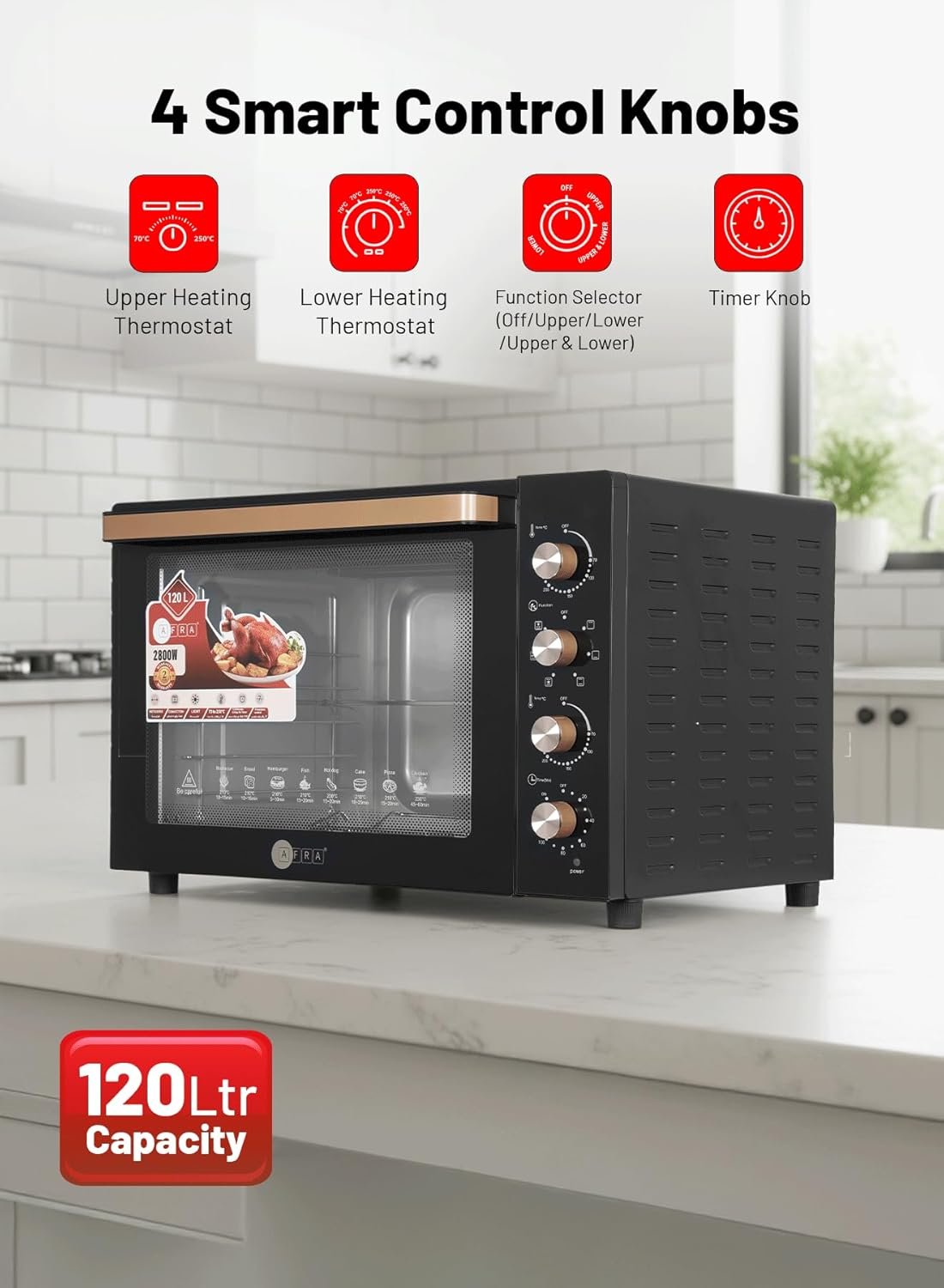 AFRA 120Litre Electric Oven Toaster, Multifunctional with Convection Fan & Rotisserie, Keep Warm Function for Toasting, Baking & Broiling – AF-12080OTBK, Black, 2-Year Warranty thumbnail 2