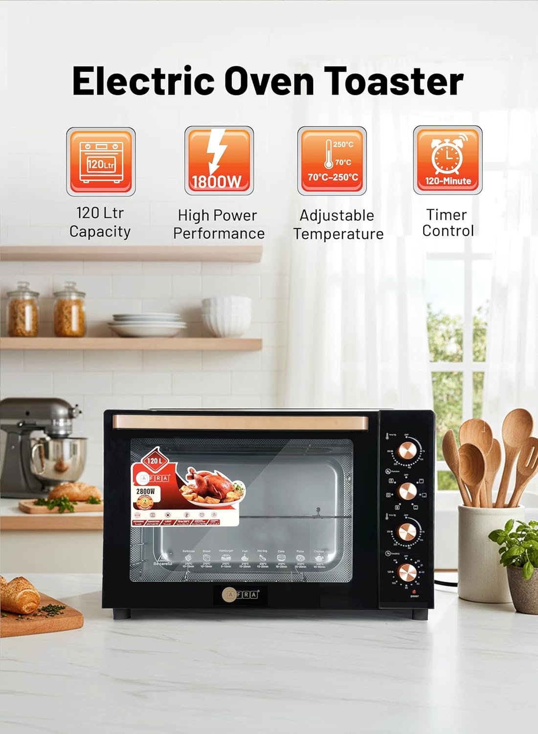 AFRA 120Litre Electric Oven Toaster, Multifunctional with Convection Fan & Rotisserie, Keep Warm Function for Toasting, Baking & Broiling – AF-12080OTBK, Black, 2-Year Warranty thumbnail 4