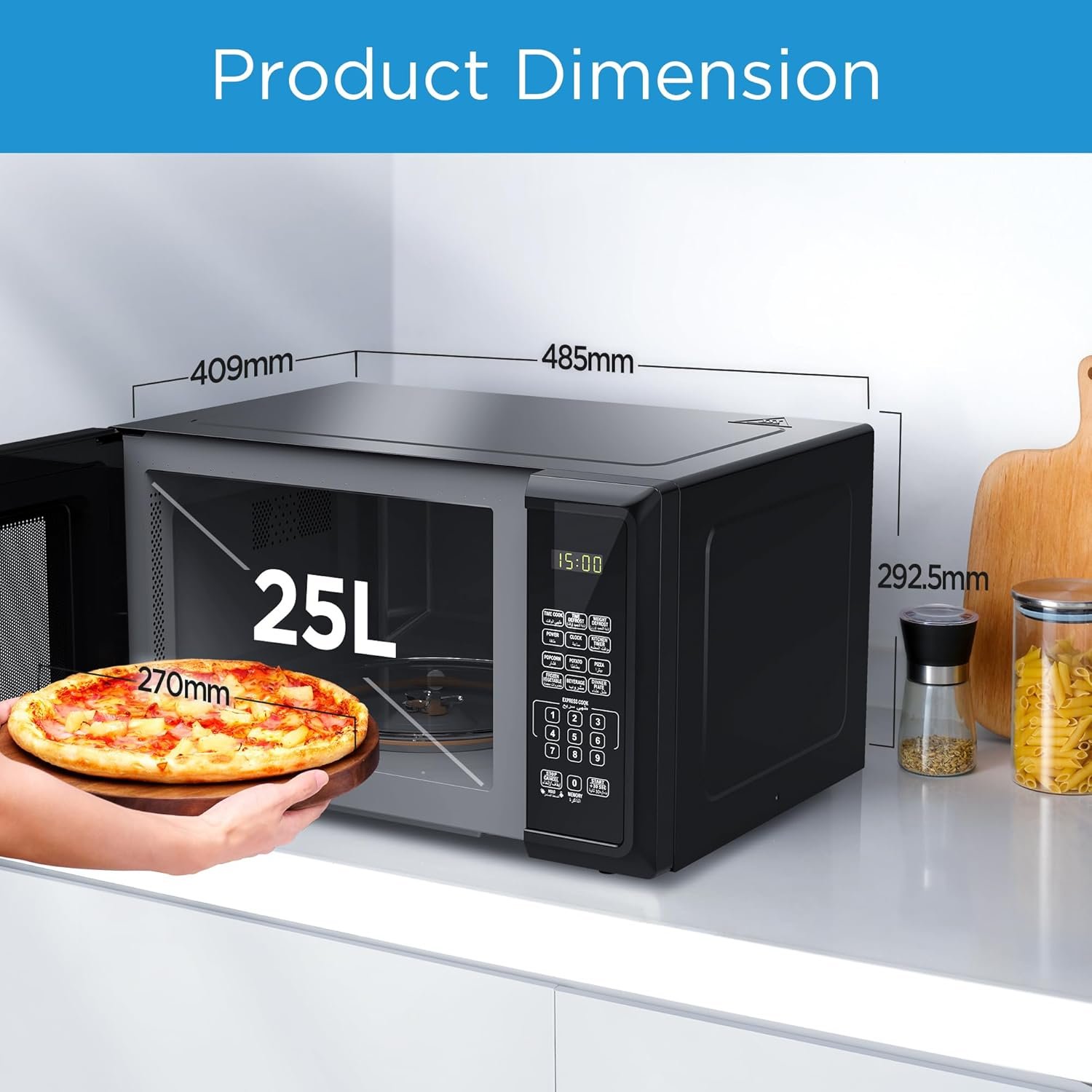 Midea 25Litre Digital Solo Microwave Oven with 10 Power Levels, 900Watts, Electronic Touch Control, Child-Safety-Lock, Defrost Function, Fast Reheat, Pull Open Door Handle, Good for Home & Office, EM925A2GUBK thumbnail 2