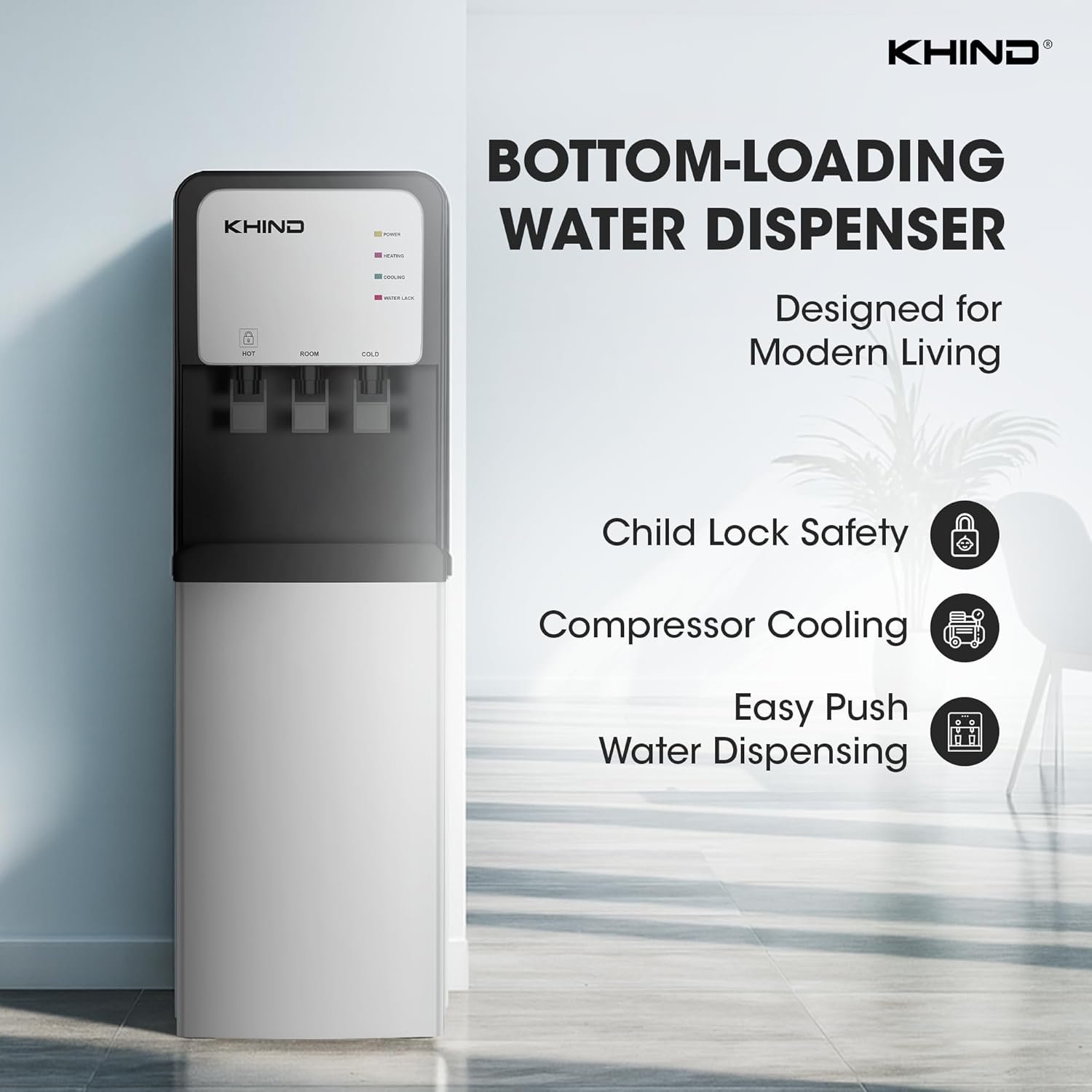 KHIND 7 Liters Freestanding Water Dispenser with Auto Suction Pump, Hot, Normal, & Cold Water Dispensing, Bottom Load, Child Lock, Intelligent Indicator Lights, Black - WD-3BP thumbnail 3