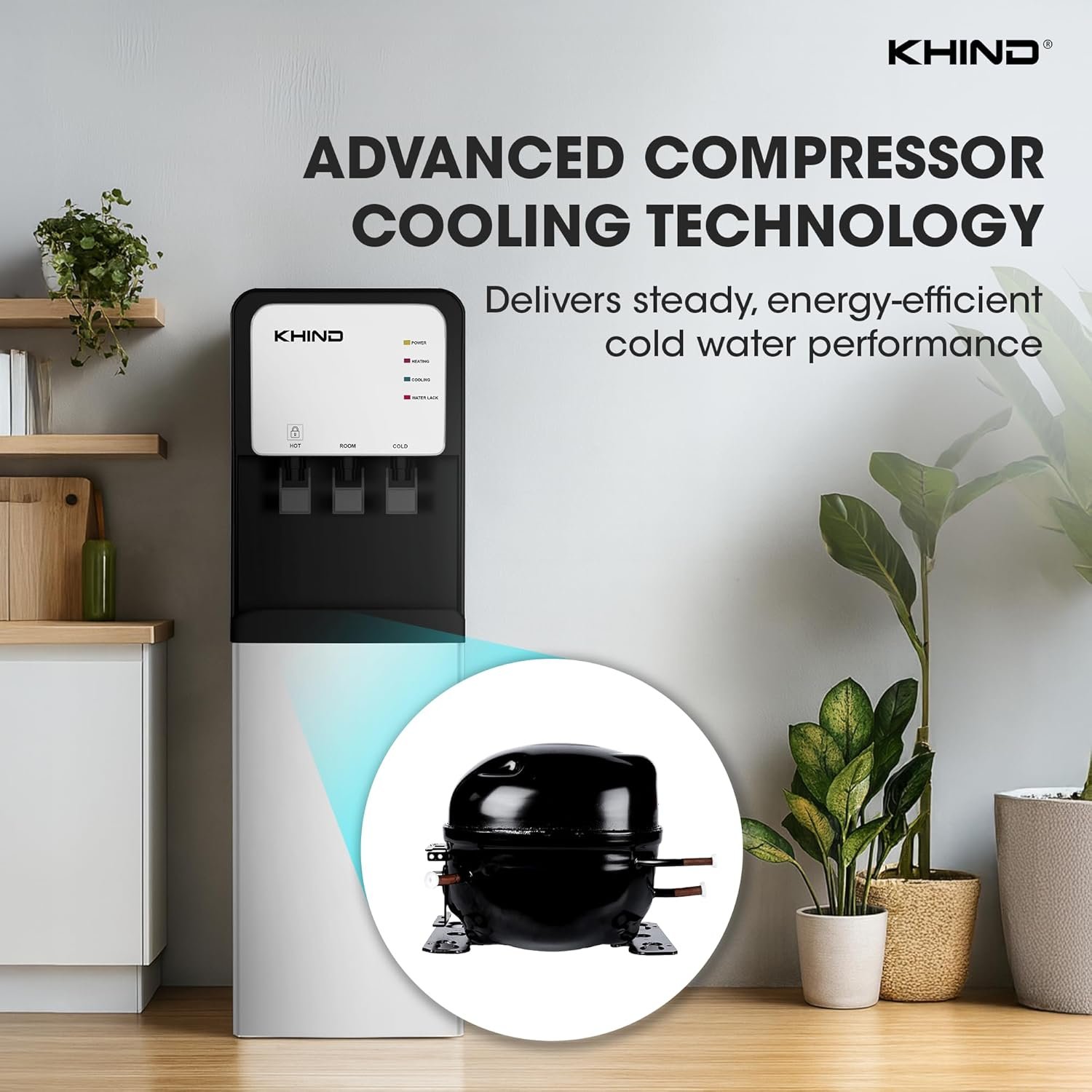 KHIND 7 Liters Freestanding Water Dispenser with Auto Suction Pump, Hot, Normal, & Cold Water Dispensing, Bottom Load, Child Lock, Intelligent Indicator Lights, Black - WD-3BP thumbnail 4