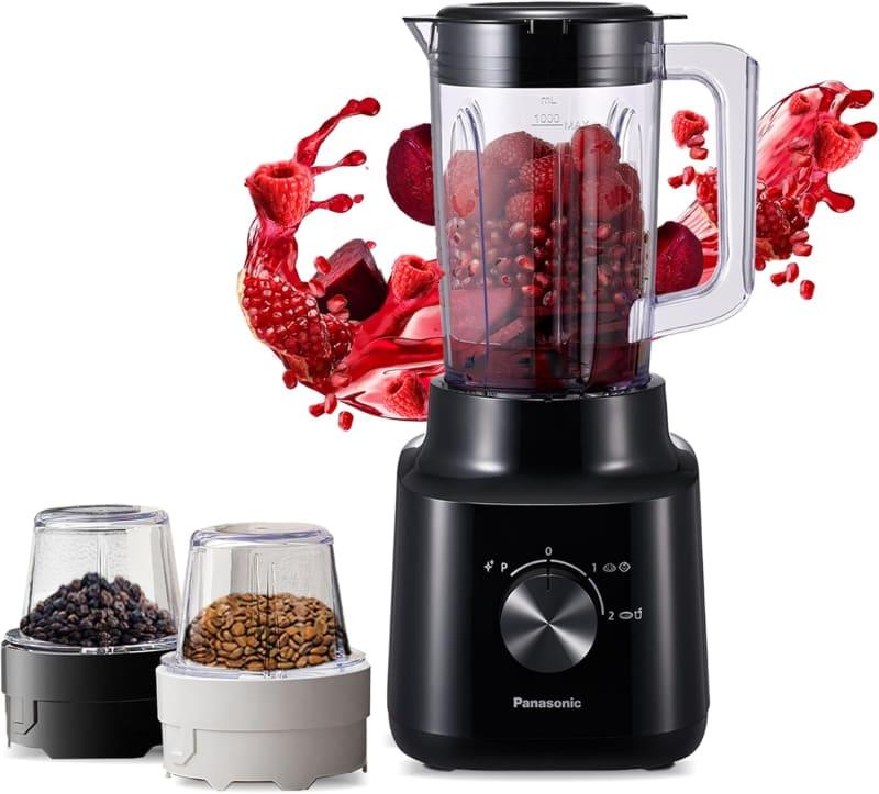 Panasonic 450 Watts motor blender, curved stainless steel blade for smooth blending, 1.45Litre plastic jug for easy handling, 2 dry mill for grinding, 2 speed+1 pulse, safety lock-MX-CP3121