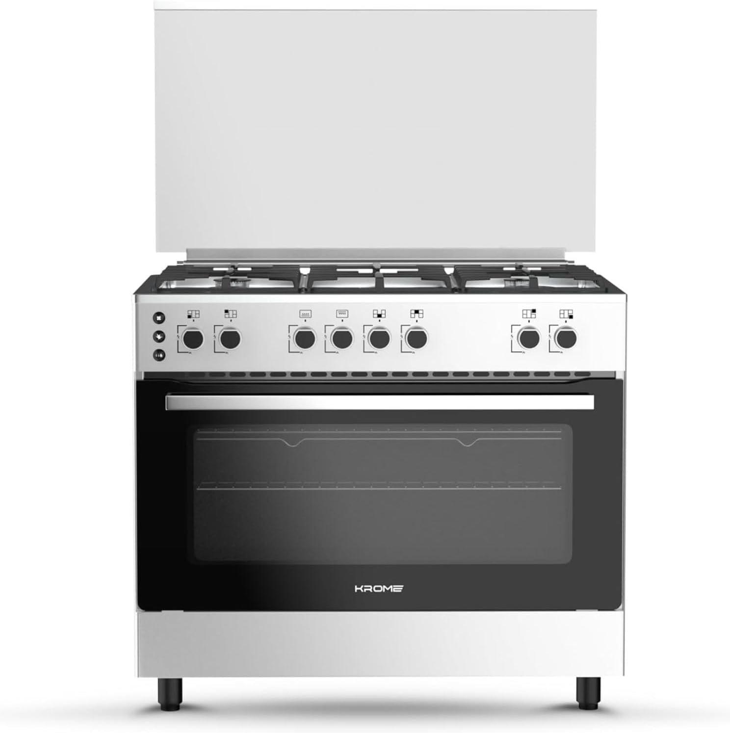 KROME 90x60cm Free Standing Cooker, Gas Oven, Full Gas Ignition With 5 Burners, Double Knob Control, Stainless Steel Cooking Range, Double Oven Lamps, Full Safety, Made in Turkey, Inox, KR-CR906O