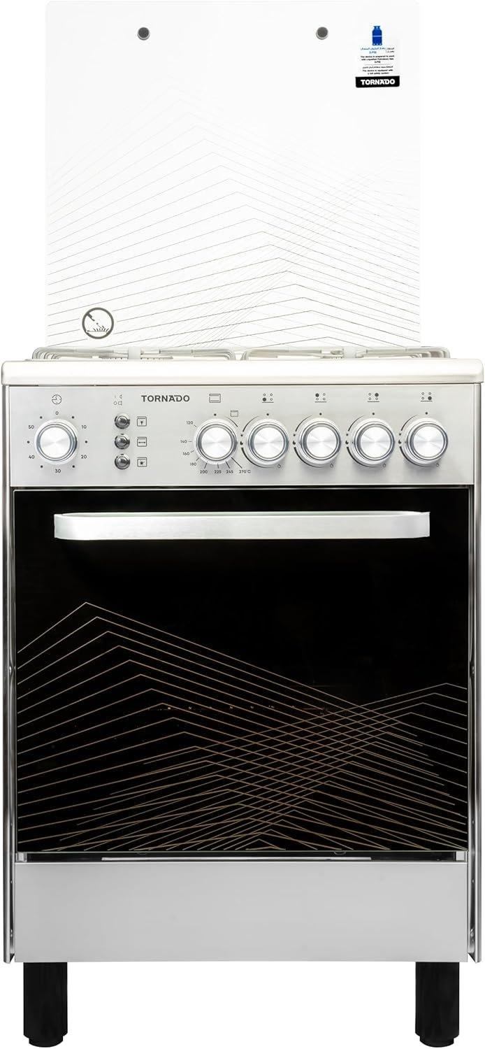 Tornado 60 x 60 cm Freestanding Gas Cooker, Full Gas, with 4 Burners, Automatic Ignition, Full Safety, Double Knobs, Wide Iron Pan Supports, Stainless Steel Finish - 6T403RC1X01SG