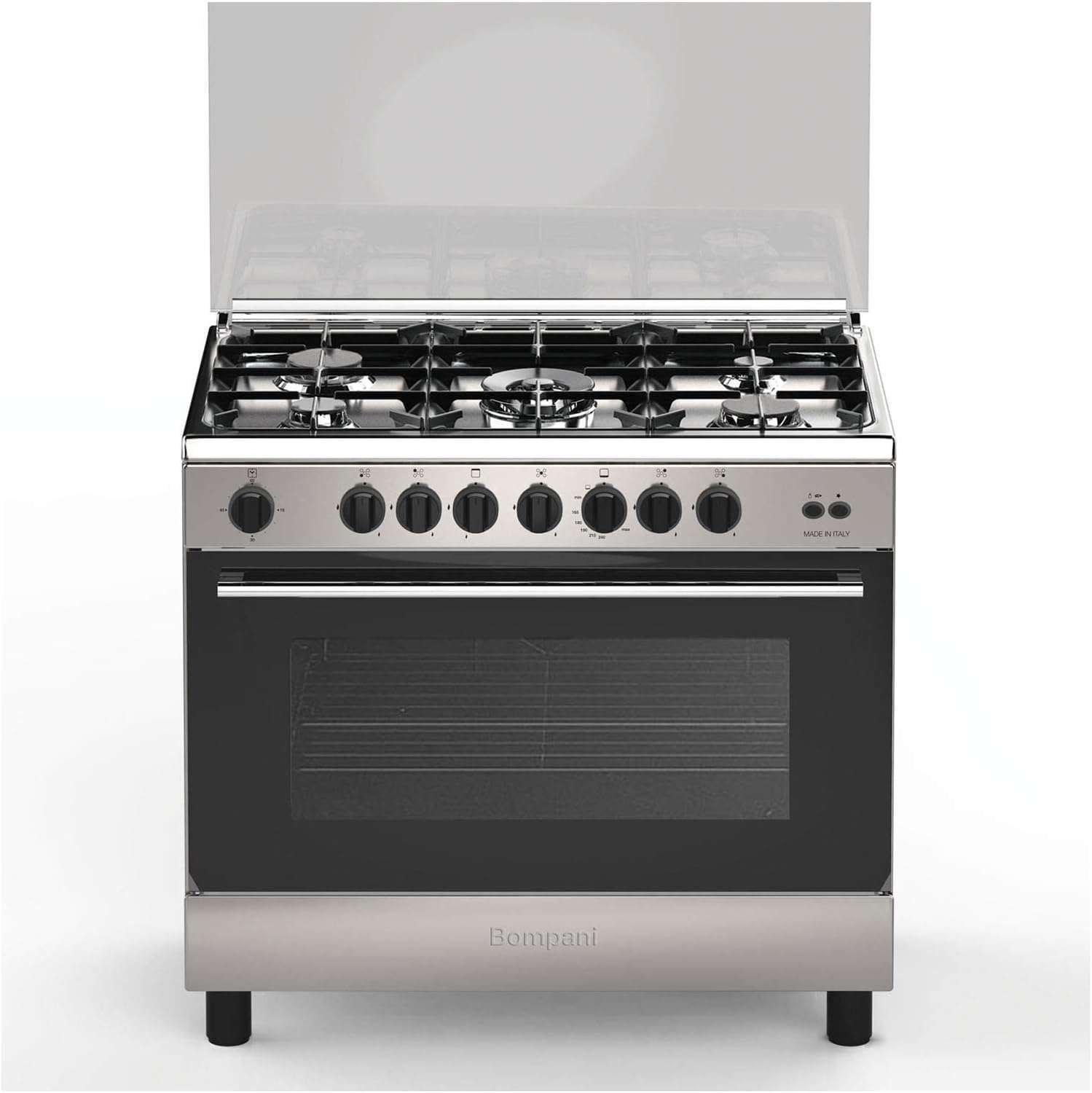 Bompani Gas Cooker Stainless Steel 90x60 5 Gas Burners Fan Gas Oven Cast Iron Grids Full Safety Essential - ESSENTIAL90GG5TCFAN