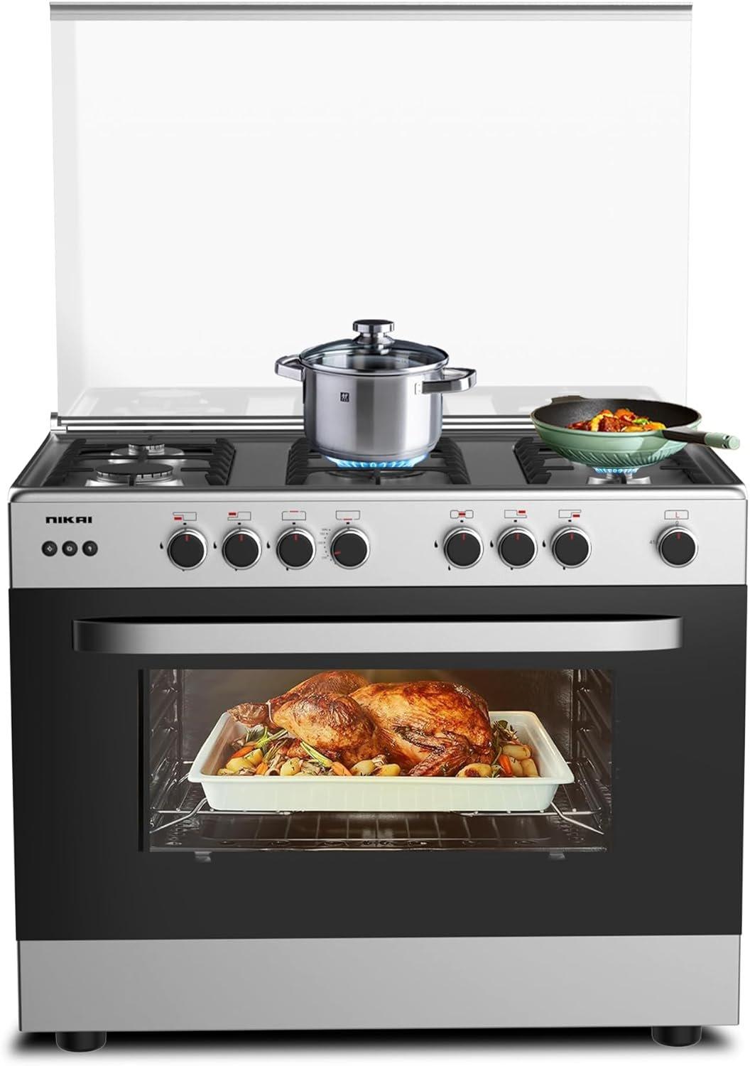 Nikai 90x60cm 5 Burner Freestanding Gas Cooker with Original Italian oven & grill, Full safety, Auto-Ignition for Burners, Grill & oven, Cast Iron Pan Supports, Timer, Turnspit, Made in Egypt -U6090EG