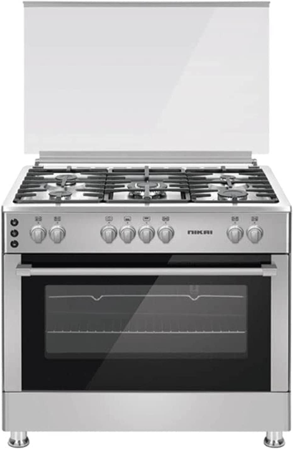 Nikai Gas Cooker 90*60Cm 5 Burners U9066Fssptn Full Safety Auto Ignition Rotisseries Full Grill Function