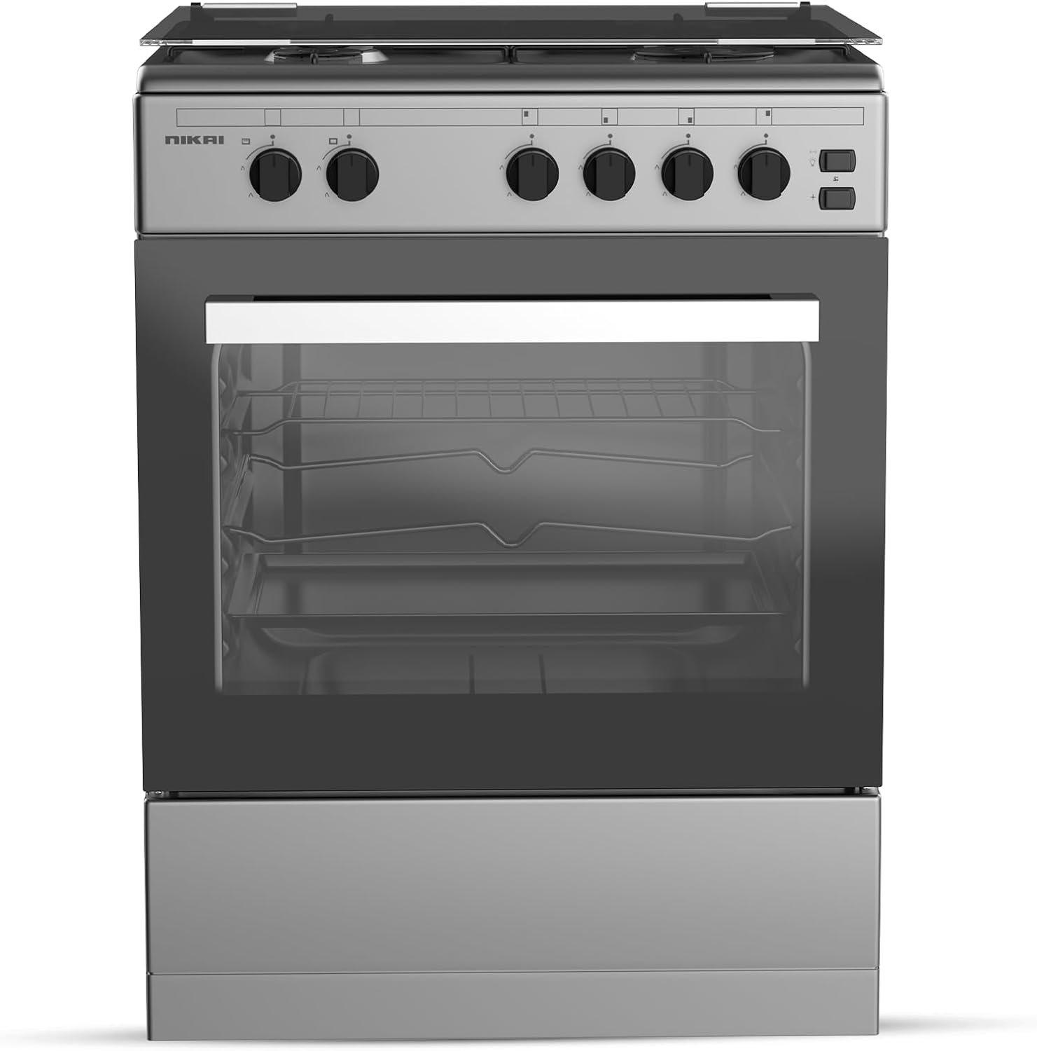Nikai 60x55cm 4 Burner Freestanding Gas Cooker with FFD, Double Glass Oven, Button Ignition, Turnspit, Tray & Grid, Stylish SS Top, Inox Grey Body, Ideal for Home & Kitchen Made in Turkey - U6062FS