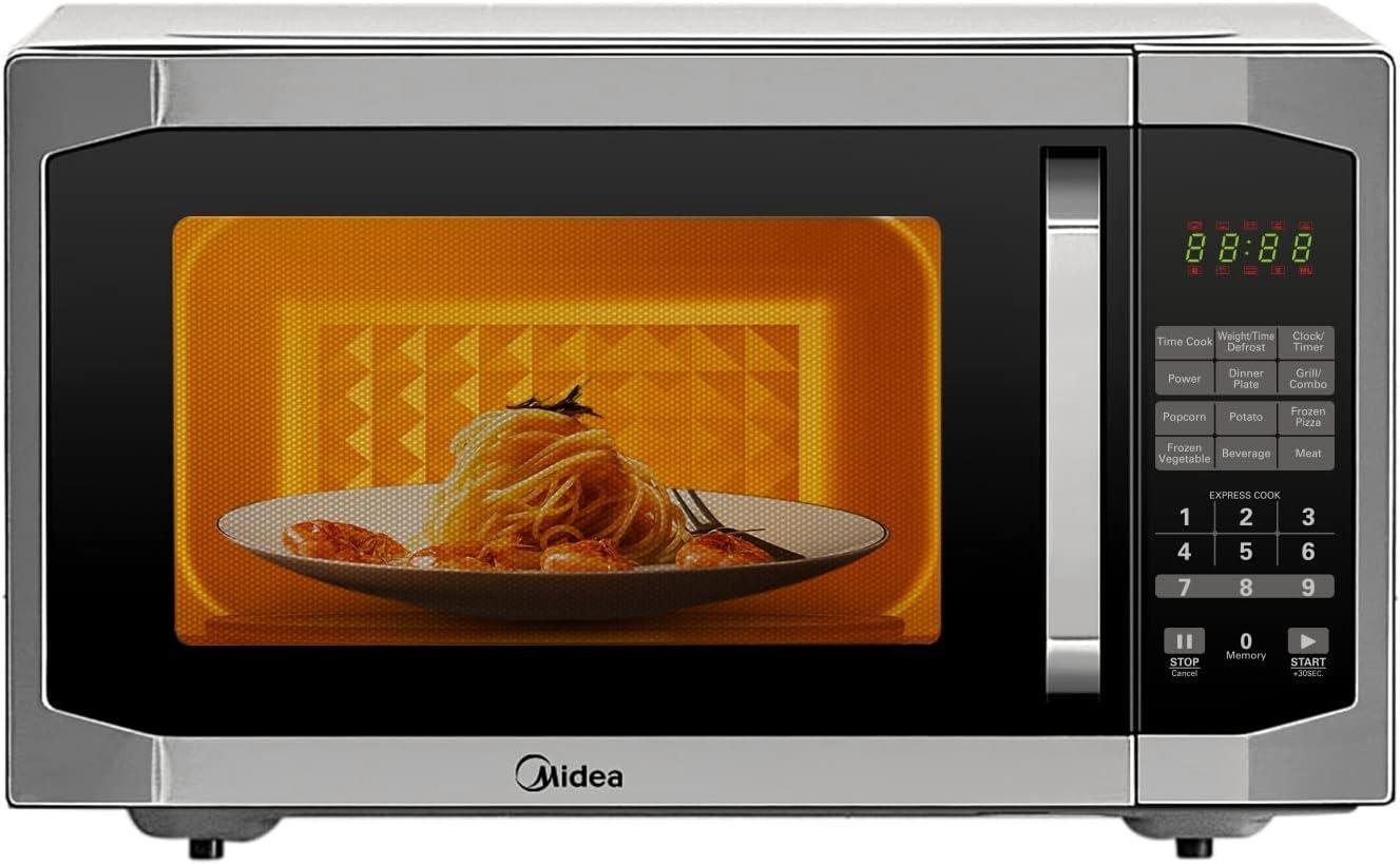 Midea 42L Microwave Oven with Grill, Digital Touch Control, 1000W Power, Child-Safety-Lock, 7 Auto Menus, LED Display with Timer, Grilling Roasting & Cooking Functions, Large Capacity, Silver - EG142A5L