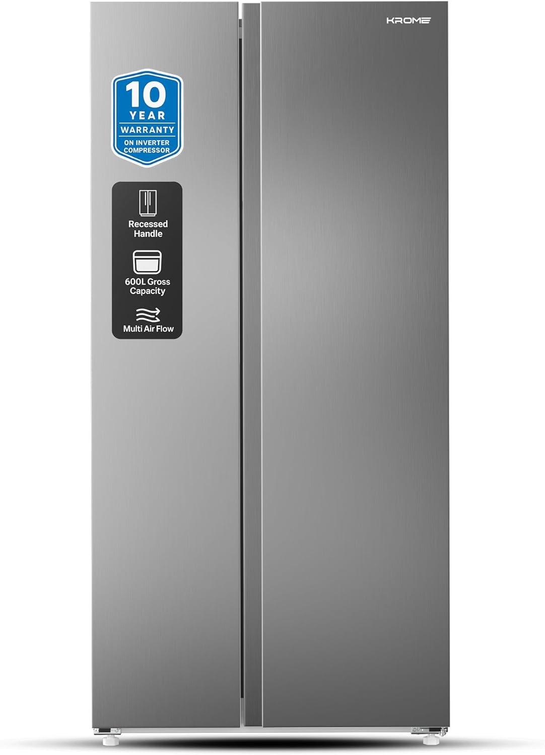 KROME 600Litre Gross, Side By Side Refrigerator with Multi Air Flow System, Door Alarm, No Frost Cooling System, 10 Year Compressor Warranty, Silver- KR-SBS601SM