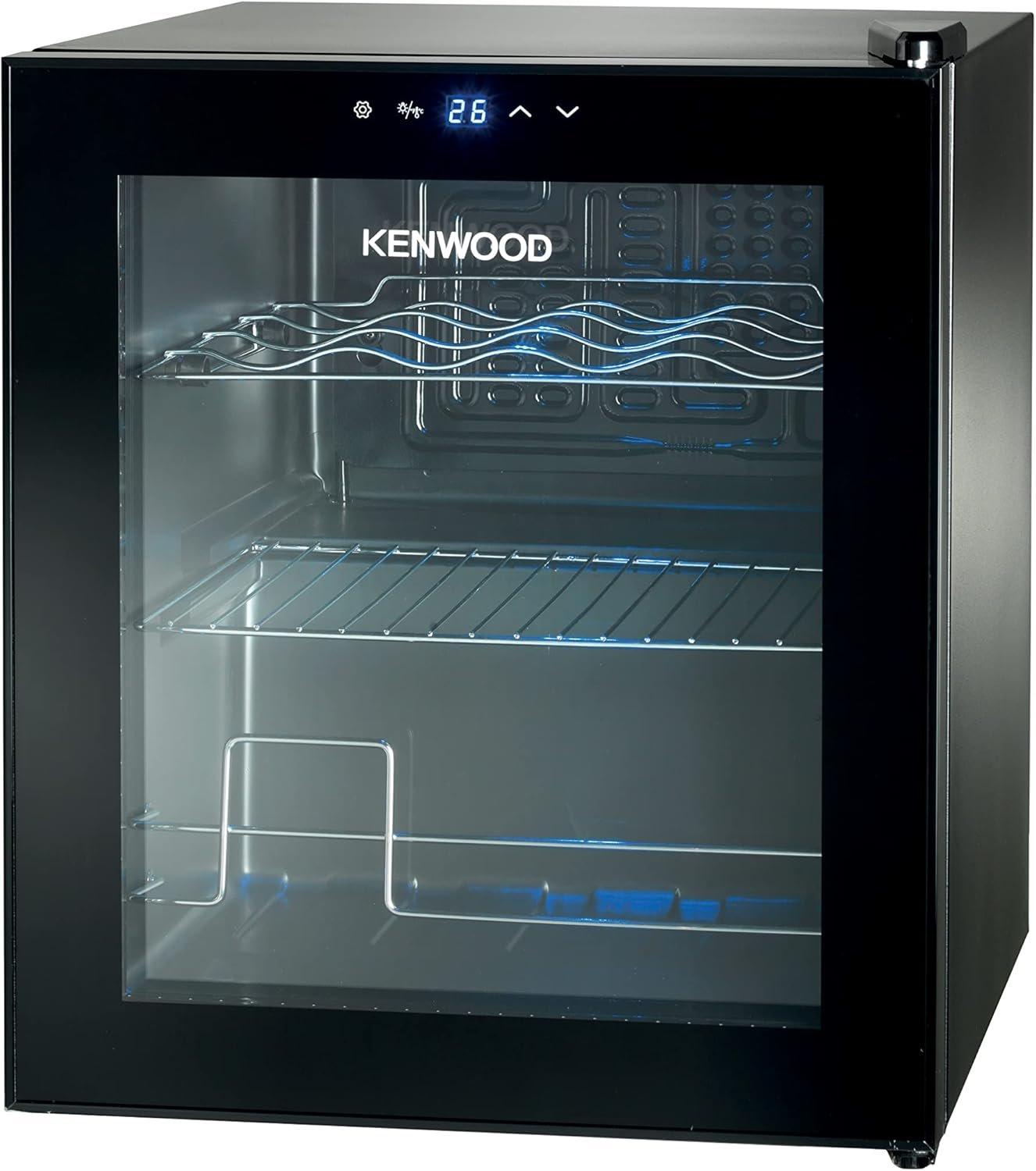 KENWOOD Beverage Cooler 12 Bottles Wine Cooler Refrigerator with Double Glass Door, Blue Light, Smart Temperature Control BCM12.000BK Black