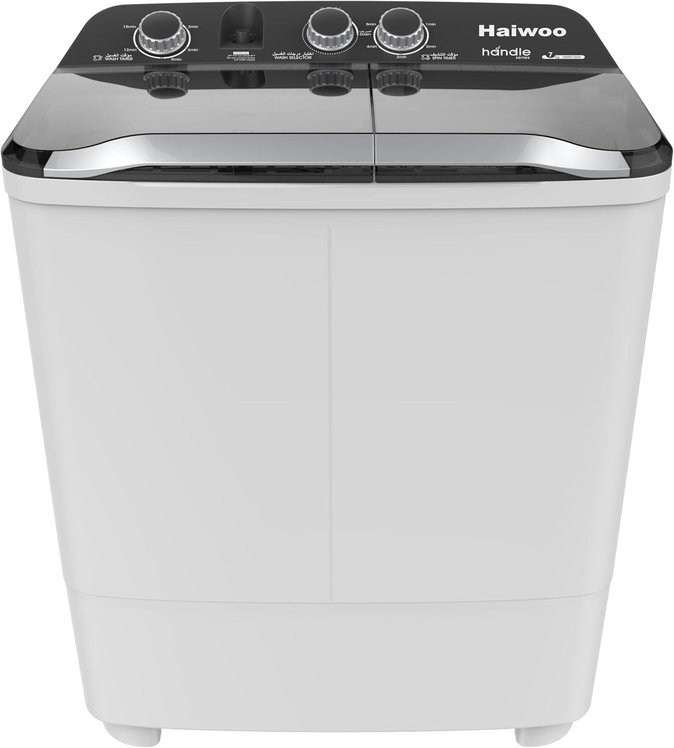Haiwoo 7Kg Semi-Automatic Twin Tub Washing Machine with Quick Wash & Auto Balance Control, Silent Operation, Powerful Pulsator, Spin Easily with One Twist - HWM-750X