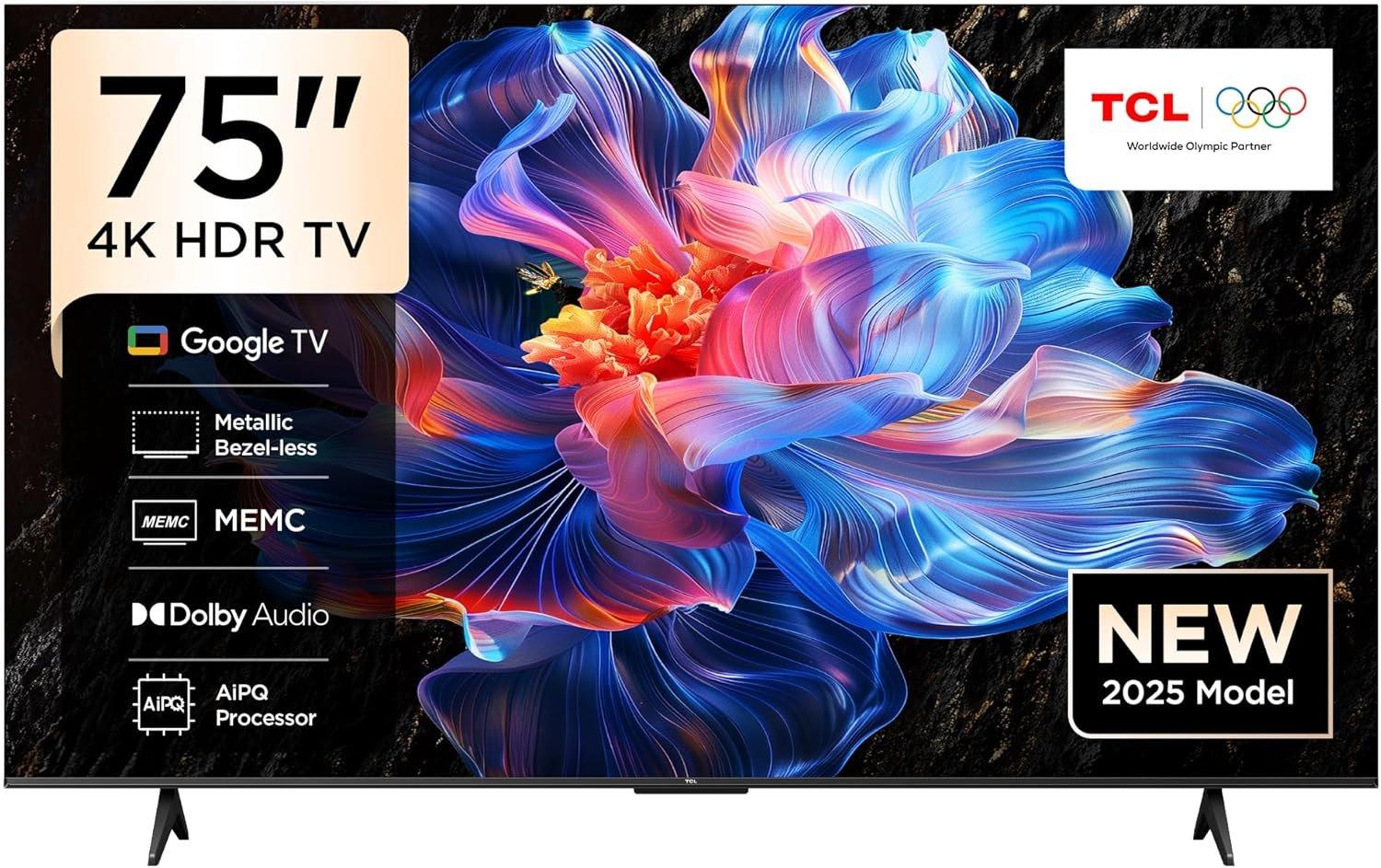 TCL 75P6K-UK 75" 4K Ultra HD, HDR TV, Smart TV Powered by Google TV (Dolby Audio, Voice Control, compatible with Google assistant, Chromecast built-in, 2025 New Model)