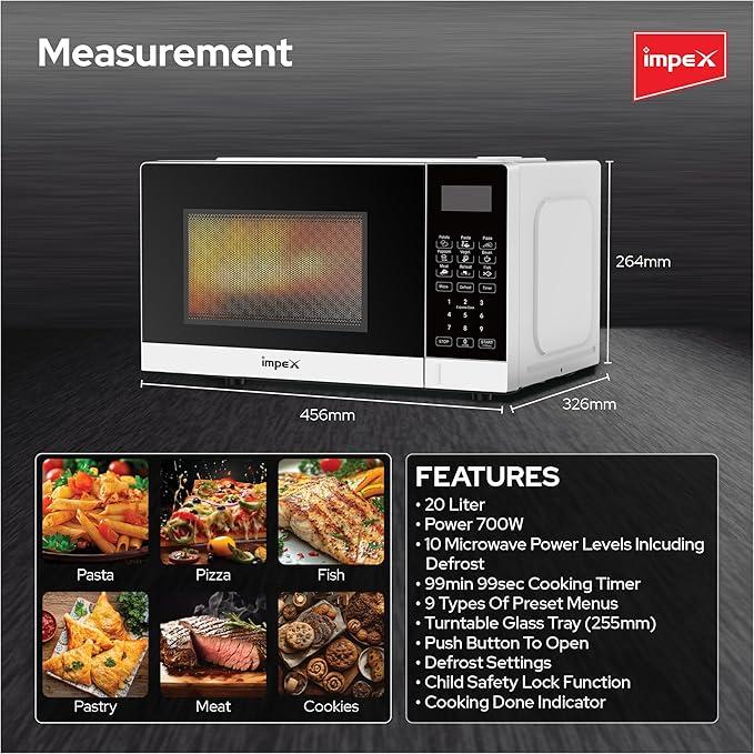 IMPEX 20L Digital Microwave Oven with 99-Minute Timer, 9 Preset Menus, Child Safety Lock, Defrost Function, 700W Power, 255mm Glass Turntable, Push Button Door, and Cooking Indicator (MO 8101ADB)