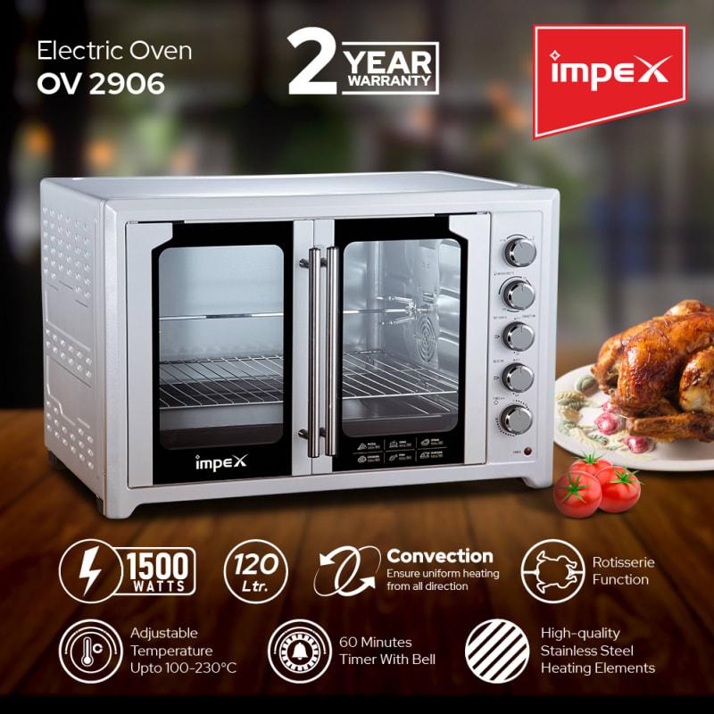 Impex 2800W 120L Electric Oven with Temperature Adjustment Rotisserie Function Timer Control Knobs, Black - OV 2905
