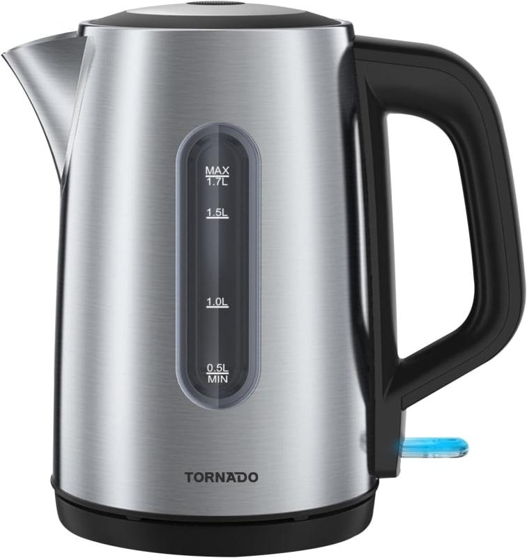 Tornado Stainless Steel Electric Kettle 1.7 Liter, 2200W, 360° Rotational Base, Strix Control, Silver-TKE01411-GS