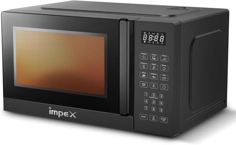 IMPEX 20L Digital Microwave Oven with 99-Minute Timer, 9 Preset Menus, Child Safety Lock, Defrost Function, 700W Power, 255mm Glass Turntable, Push Button Door, and Cooking Indicator (MO 8101ADB)