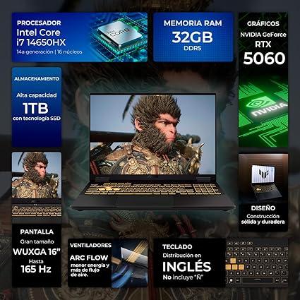ASUS TUF Gaming F16 (2025) Gaming Laptop, 16" FHD+ 165Hz Display, Intel Core i7-14650HX, 32GB DDR5 RAM, 1TB PCIe 4.0 SSD, NVIDIA GeForce RTX 5060 8GB, RGB Keyboard, Win 11, Mecha Gray(Upgraded)