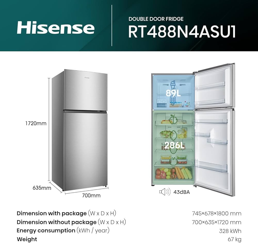 HISENSE 488L DOUBLE DOOR TOP MOUNT  REFRIGERATOR RT488N4ASU1