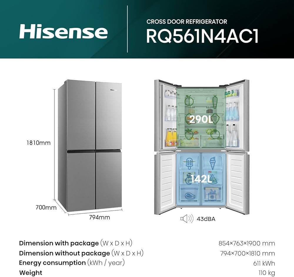 HISENSE RQ561N4AC1 SIDE BY SIDE 4 DOORS REFRIGERATOR 561L SILVER