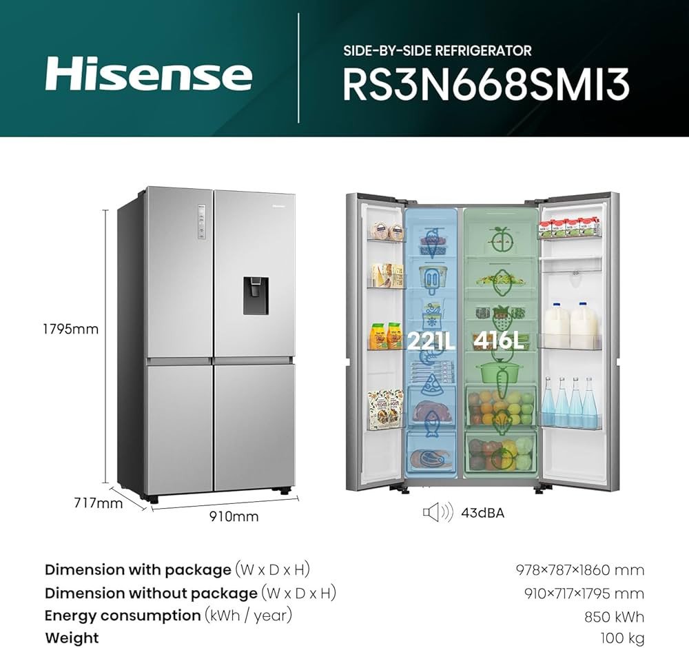HISENSE RS3N668SMI3 668L SIDE BY SIDE REFRIGERATOR AND DISPENSER  WITH WIFI