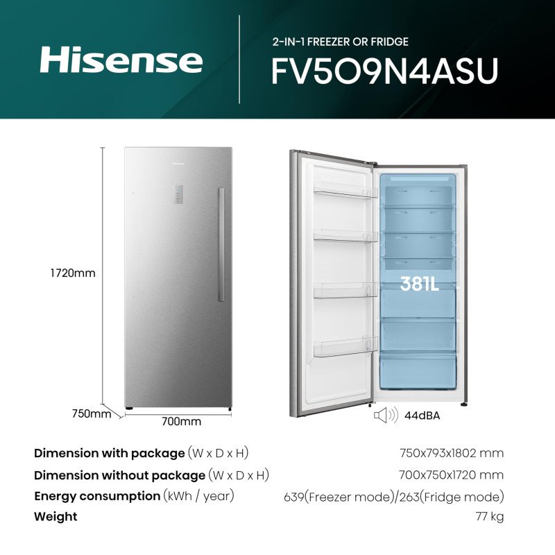 HISENSE FV509N4ASU 500LTR UPRIGHT FREEZER